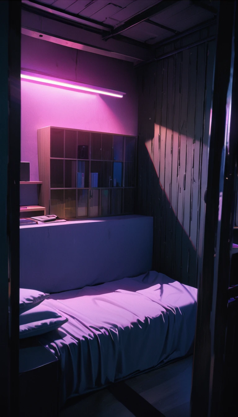 (8K, RAW photos, best quality, masterpiece: 1.4), (((5 square cell)),Ultra-high resolution, Extremely detailed, Dim Lights, Close-up of shelf, High-quality shadows, Natural Lighting, (White highlights:1.2), night, cloudy day, (A one-meter-wide bed:1.2), (Metal walls all around:1.2)