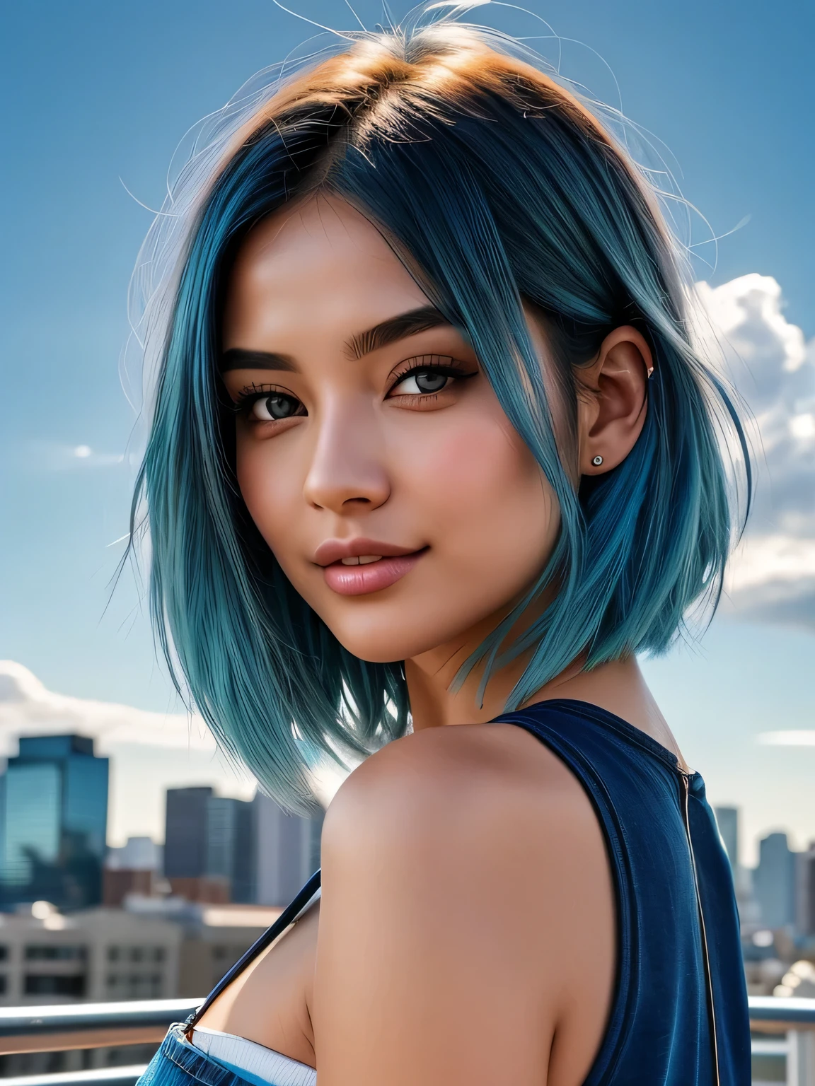 (blue hair:1.4), short hair, realistic green eyes, cobalt hair,  long bob hair, tousled hair, shoulder length hair, Full body, woman with white skin and Asian features, 24 year old, big breast. She has a small, elegant nose with a slight upward curve at the tip. Her lips are full and naturally pink, with a well-defined Cupid's bow. Her teeth are straight and white, enhancing her captivating smile. Her face has an oval shape with high cheekbones that add to her model-like appearance. (crack), detailed (texture!, shine, color!!, flaws: 1.1), highly detailed glowing eyes, (looking at camera), specular light, dslr, extreme quality, crystal clear, cute face, detailed skin pores, oil Dark skin, brown, complex eye details, she is far from the camera, A full-body portrait, captured from a distance. Dynamic Frame, 8K, Best Quality, Realistic, full body Realism, beautiful hairstyle, Dynamic Frame,  full body photo, sky, star, landscape, starry sky, night, girl, night sky, solo, outdoor, signature, building, clouds, milky way, sitting, tree, city, silhouette, cityscape, big , , (short hair:1.3)