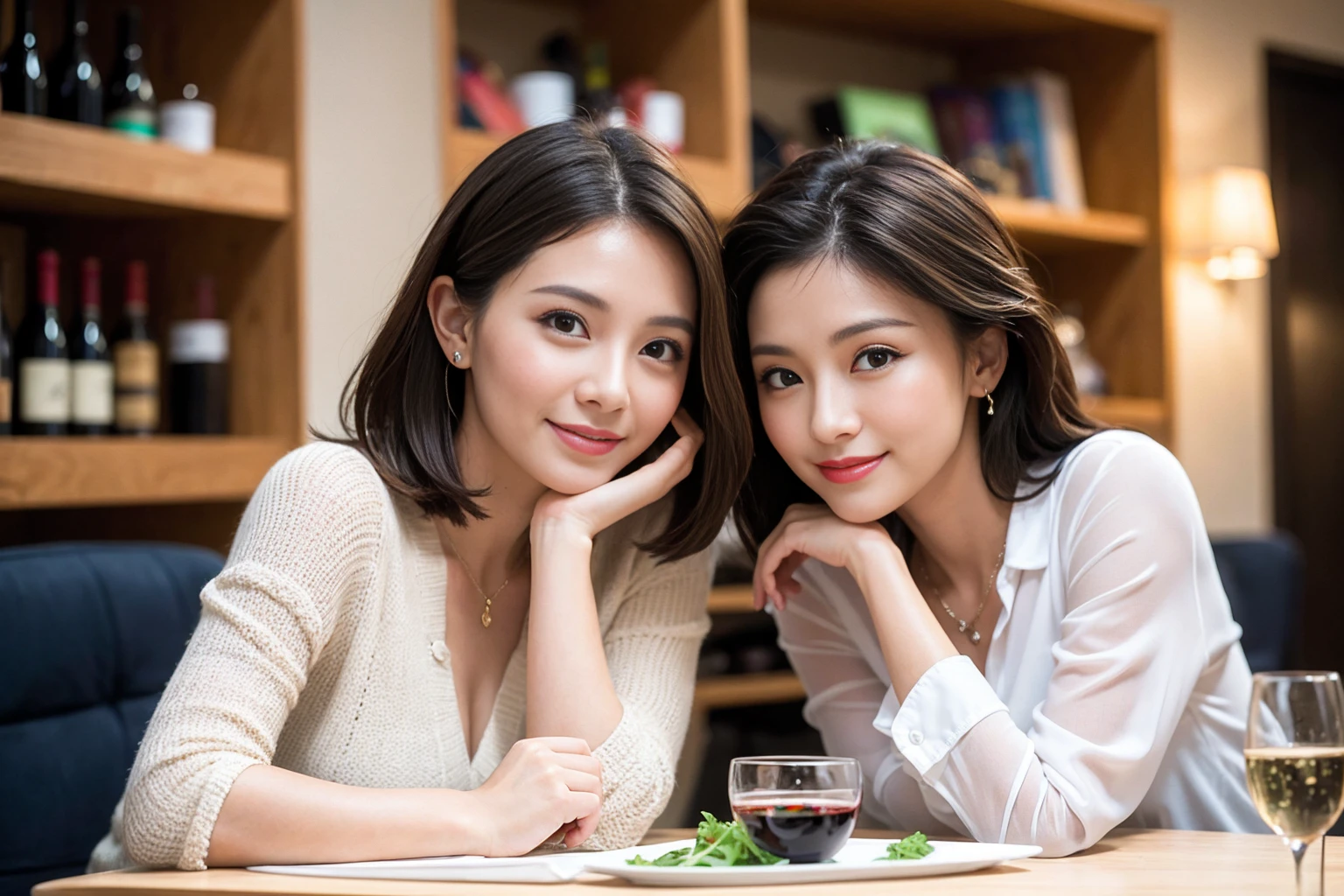 ((Highest quality、8K、masterpiece:1.3))、Slim Model、cute、Slim Couple、Model Couple、The best smile、Happy Smile、45 years old 42 years old、Shortcuts、Upper Body、(Realistic, Intricate details:1.2), Beautiful Model、Beautiful actress, (Brown Hair), (White skin),full-course dinner、Wine Party、Amazing view of the sunset sky and clouds、Sweet eye angle, Ultra HD 8K, Ultra-realistic, photograph, Cinematic, photograph, Wide-angle, Detailed Visuals, 3D Rendering, Soft texture, Realistic, Close up zoom in, (Front view), ((View your viewers)), Perfect corner angle, Thin lips, Natural Beauty, (soft and super White skin), Perfect Skin, (masterpiece), (Beautiful attention to detail), (Makes your face smaller), No makeup, Skinny Wine Bottle、Champagne、sparkling wine、Two beauties、Brown Hair、Shortcuts、Long sleeve shirt、dress、