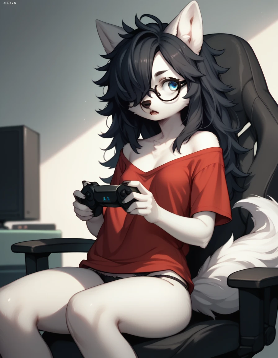 score_9,score_8_up,score_7_up, sierra, a young nerdy Anthro furry wolf woman, white furry body, tall, long black messy hair, hair covering one eye, elegant black glasses, long black hair, blue eyes, small breasts, white wolf tail, wearing red shirt, black panties,sitting on a gamer chair, leaning back, holding a ps5 gaming controller,  looking forward, mouth open, in a messy bedroom,  