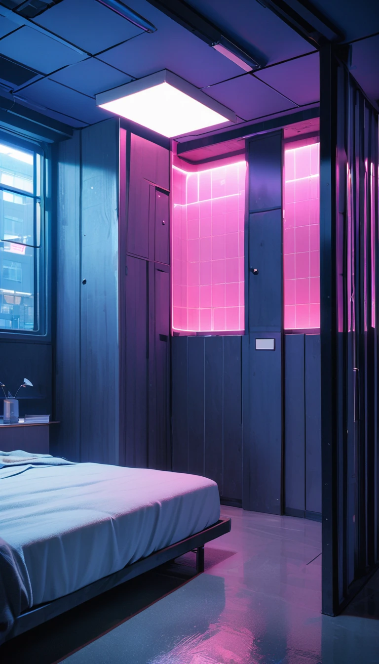 (8K, RAW photos, best quality, masterpiece: 1.4), (((5 square cell)),Ultra-high resolution, Extremely detailed, Dim Lights, Close-up of shelf, High-quality shadows, Natural Lighting, (White highlights:1.2), night, cloudy day, (A one-meter-wide bed:1.2), (Metal walls all around:1.2)