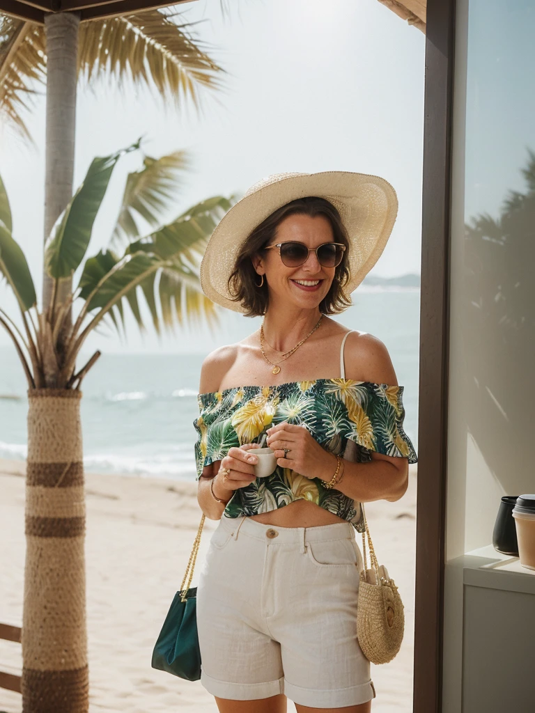 1girl, photorealistic, realistic, her name is Elise, middle age, a 45-year-old woman with gray hair, body of 45-year-old woman, wrinkles on her face and body, Alpine woman, ((dark brown hair, short hair))), smiling, (((she is her in a breezy, off-shoulder blouse in a vibrant tropical print, paired with high-waisted white linen shorts that emphasize her silhouette. On her feet, she wears woven espadrille sandals that complement the beachy setting. Accessories include oversized sunglasses and a wide-brimmed straw hat, adding both glamour and practicality under the sun. Her look is completed with delicate gold jewelry, such as layered necklaces and hoop earrings, which catch the sunlight streaming through the coffee shop’s windows. A woven tote bag sits beside her))), (((dynamic pose))), ((( she is seductively standing inside a coffee shop near the beach exudes a relaxed yet chic vibe, perfectly blending comfort with style)))