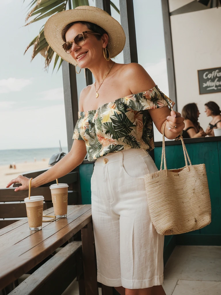 1girl, photorealistic, realistic, her name is Elise, middle age, a 45-year-old woman with gray hair, body of 45-year-old woman, wrinkles on her face and body, Alpine woman, ((dark brown hair, short hair))), smiling, (((she is her in a breezy, off-shoulder blouse in a vibrant tropical print, paired with high-waisted white linen shorts that emphasize her silhouette. On her feet, she wears woven espadrille sandals that complement the beachy setting. Accessories include oversized sunglasses and a wide-brimmed straw hat, adding both glamour and practicality under the sun. Her look is completed with delicate gold jewelry, such as layered necklaces and hoop earrings, which catch the sunlight streaming through the coffee shop’s windows. A woven tote bag sits beside her))), (((dynamic pose))), ((( she is seductively standing inside a coffee shop near the beach exudes a relaxed yet chic vibe, perfectly blending comfort with style)))