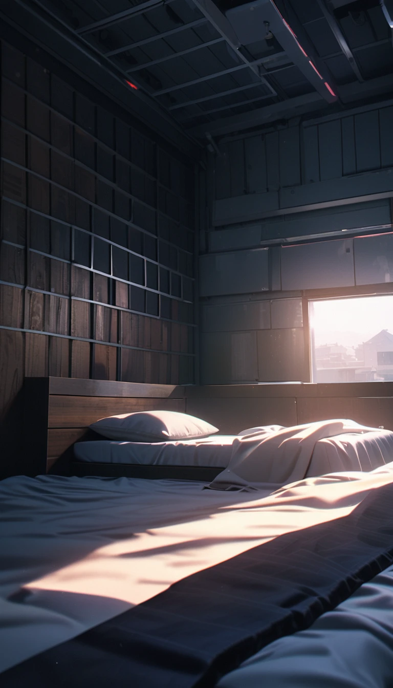 (8K, RAW photos, best quality, masterpiece: 1.4), (((5 square cell)),Ultra-high resolution, Extremely detailed, Dim Lights, Close-up of shelf, High-quality shadows, Natural Lighting, (White highlights:1.2), night, cloudy day, (A one-meter-wide bed:1.2), (Metal walls all around:1.2)