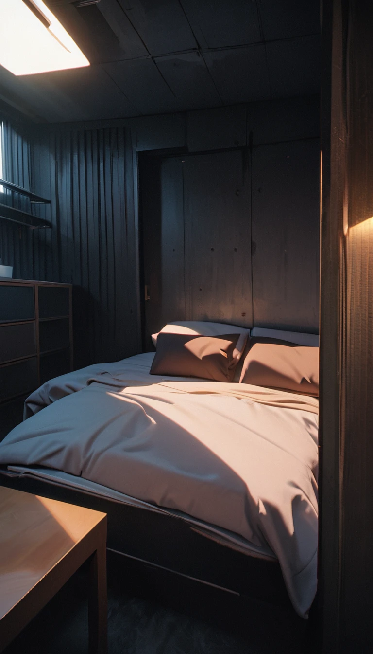 (8K, RAW photos, best quality, masterpiece: 1.4), (((5 square cell))，Ultra-high resolution, Extremely detailed, Dim Lights, Close-up of shelf, High-quality shadows, Natural Lighting, (White highlights:1.2), night, cloudy day, (A one-meter-wide bed:1.2), (Metal walls all around:1.2)