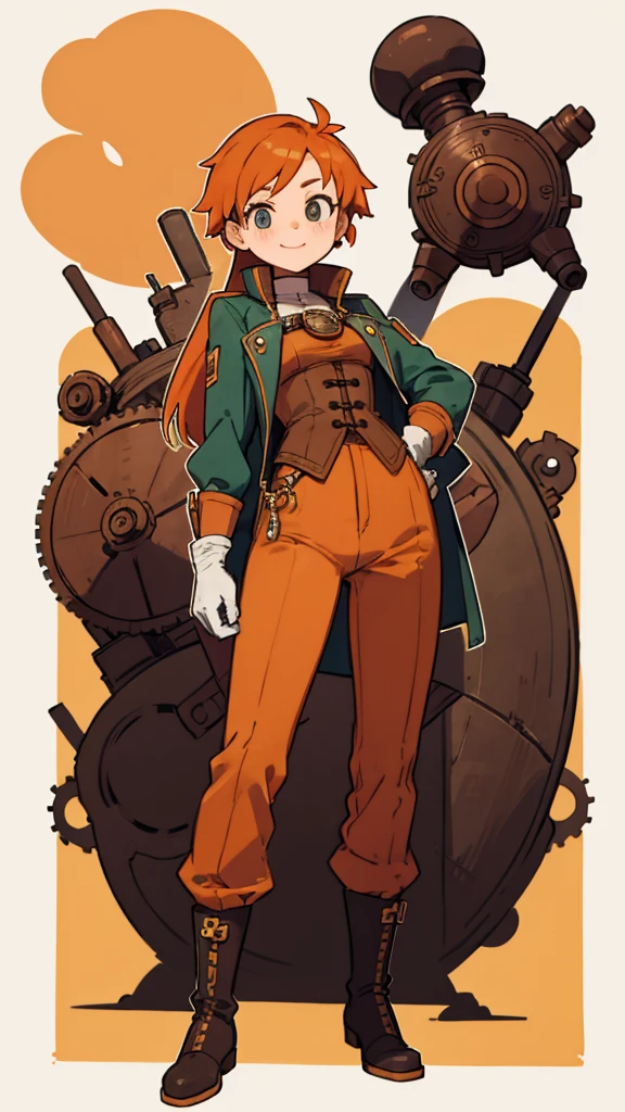 1.steampunk,15 years old,Orange Hair,goggles,A fake smile,gloves,whole body,boots,pants