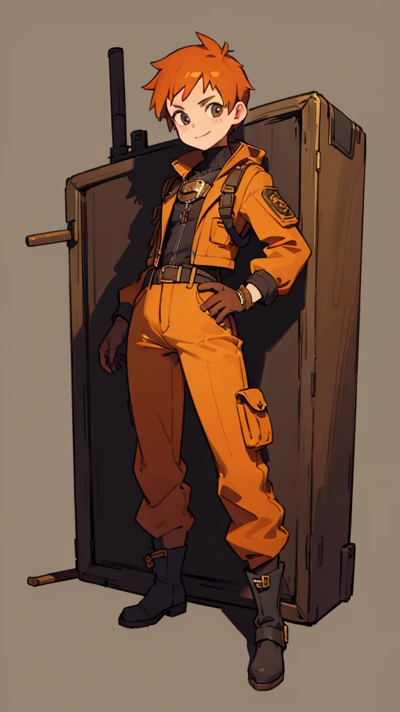 1.steampunk,15 years old,Orange Hair,goggles,A fake smile,gloves,whole body,boots,pants