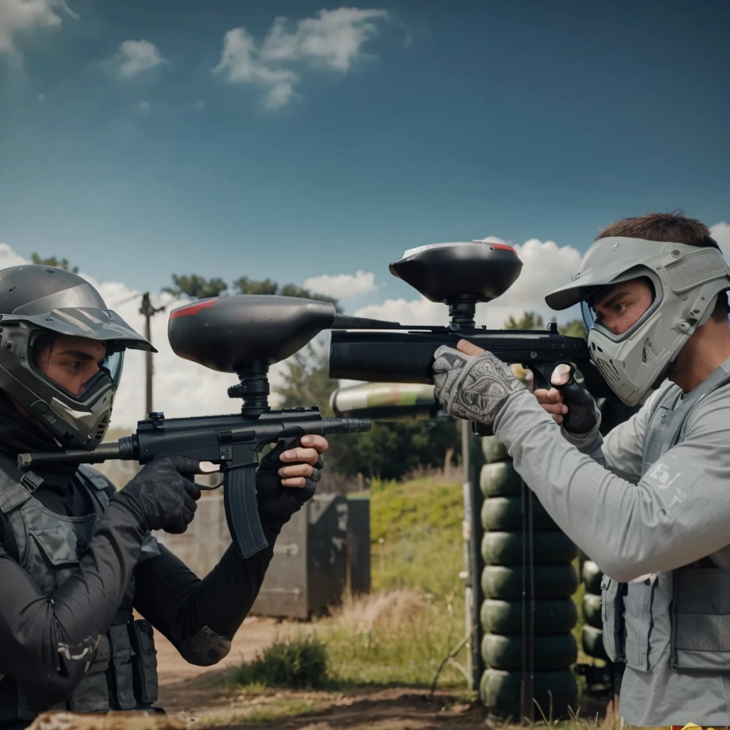 picture from the side, 30 year old man, muscular, wearing a helmet, wearing a gray long-sleeved paintball uniform, wearing a gray vest, the man is holding up a paintball marker towards the enemy in front of him, namely a woman wearing a hijab, wearing a helmet black, wearing a black paintball uniform, wearing a black vest, very epic scene where the two of them point paintball markers at each other in a match, background of the paintball field during the day, cinematic, realistic, 4k, very detailed, intricate design