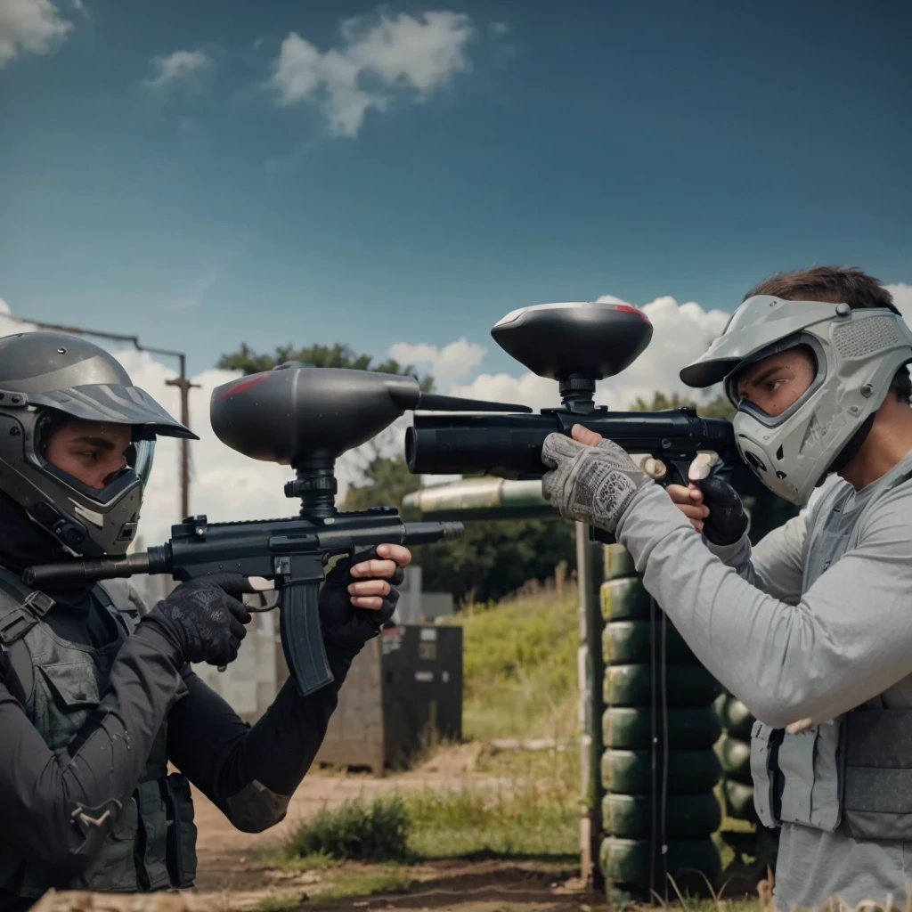 picture from the side, 30 year old man, muscular, wearing a helmet, wearing a gray long-sleeved paintball uniform, wearing a gray vest, the man is holding up a paintball marker towards the enemy in front of him, namely a woman wearing a hijab, wearing a helmet black, wearing a black paintball uniform, wearing a black vest, very epic scene where the two of them point paintball markers at each other in a match, background of the paintball field during the day, cinematic, realistic, 4k, very detailed, intricate design