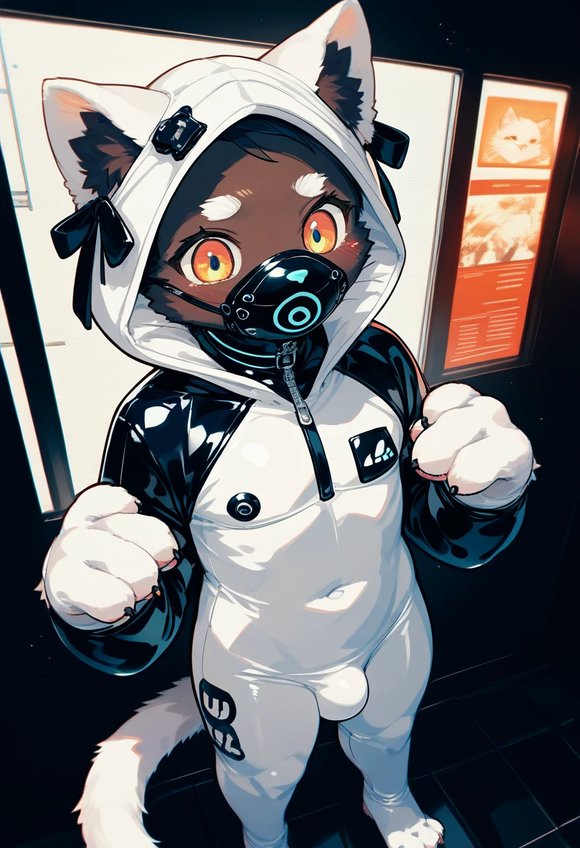 Highest quality, Highest quality, High quality illustrations, masterpiece, Ultra-high resolution, Detailed Background, Games Room, Absurd, Perfect Anatomy, performance, Good lighting, Shadows in the movies(kemono, Furry PersonifiCation), Cat, Dark Skin, Rubber suit, Rubber suit, latex, neon, neonライト, neonカラー, Rubber spats, White rubber hoodie,  Rubber mask, ribbon, Embarrassing, Null bulge, male, juvenile, from above