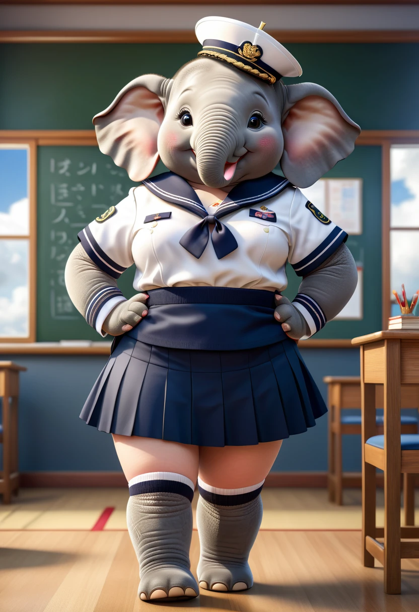 photorealistic portrait of Dressed animals-a ((fat))baby ((elephant)) student,(furry), (elegant pose:1.5), (hands on hips:1.5),(smile:1.5),high quality,(),(lovely) ,intricate details, Wearing Japanese sailor uniform , (short skirt), highly detailed ((female sailor uniform)) ,highly detailed clothes, high sox , (happy), soft lighting,(full body image:2.0),in classroom background,clouds,score_9, score_8_up, score_7_up, score_6_up, score_5_up, score_4_up,
