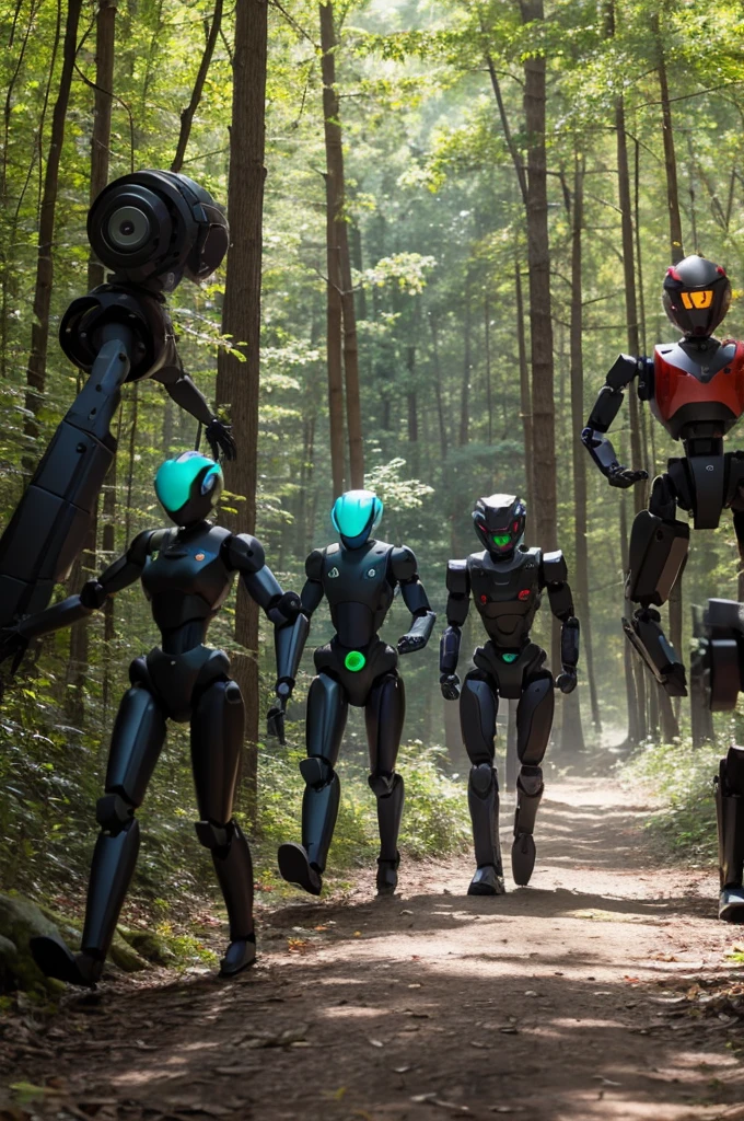 Five humanoid robots run through the forest