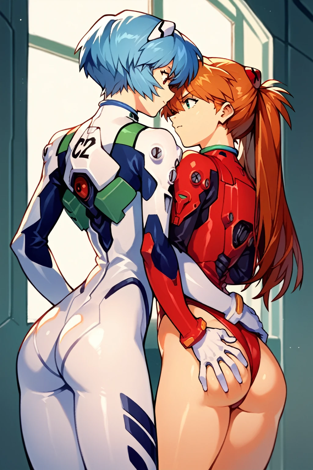 score_9, score_8_up, score_7_up, score_6_up, score_5_up, score_4_up, (source_anime), 2girls, evangellion, asuka langley, rei ayanami, yuri, Inside a mecha, Squeezing ass, Hand on the butt