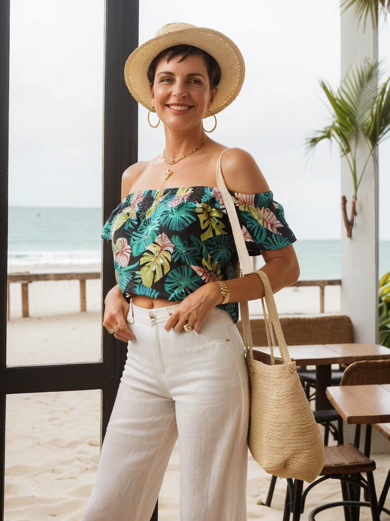 1girl, photorealistic, realistic, her name is Elise, middle age, a 45-year-old woman with gray hair, body of 45-year-old woman, wrinkles on her face and body, Alpine woman, ((dark brown hair, short hair))), smiling, (((she is her in a breezy, off-shoulder blouse in a vibrant tropical print, paired with high-waisted white linen shorts that emphasize her silhouette. On her feet, she wears woven espadrille sandals that complement the beachy setting. Accessories include a wide-brimmed straw hat, adding both glamour and practicality under the sun. Her look is completed with delicate gold jewelry, such as layered necklaces and hoop earrings, which catch the sunlight streaming through the coffee shop’s windows. A woven tote bag sits beside her))), (((dynamic pose))), ((( she is seductively standing inside a coffee shop near the beach exudes a relaxed yet chic vibe, perfectly blending comfort with style)))