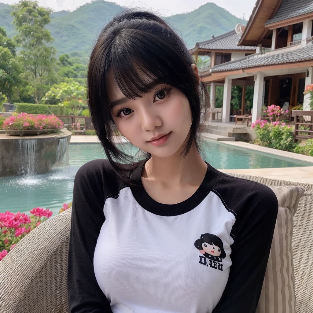 a beautiful Indonesian woman with a cute Korean face, long black hair , wear long colored baby doll clothes, There's writing (love)was sitting in front of the terrace of a luxury villa, with a faint smiling face, The background is a beautiful view, there are lots of flowers around, the picture is very clear and real, realistic 16k