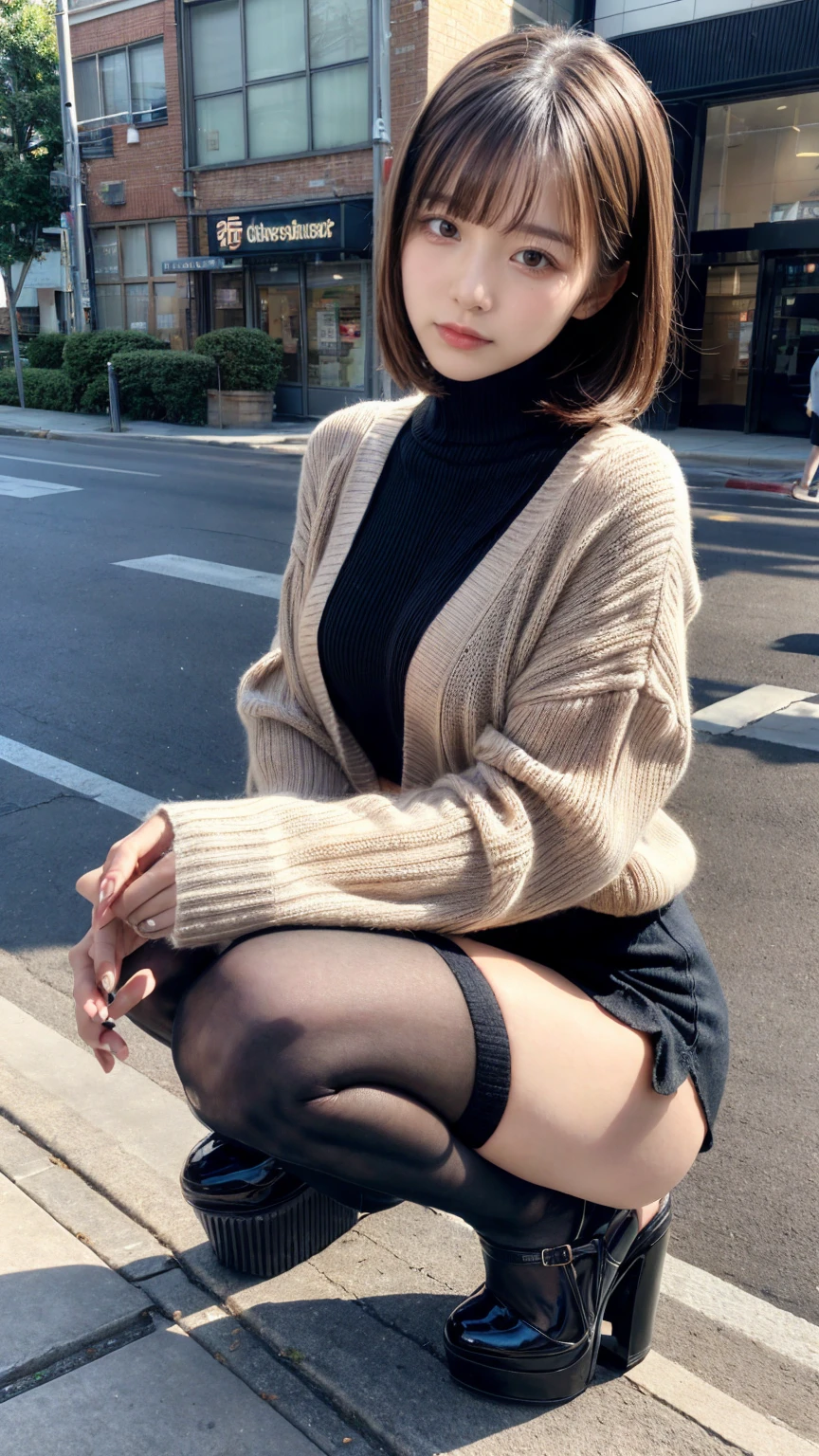 Photo taken by a professional photographer，Close-up of a woman squatting on the sidewalk with her legs crossed, kiko mizuhara, wearing a sweater, Shirahime cut brown hair, wearing a sweater, young and cute girl, japanese model, 白いwearing a sweater, Chiho, ランダムカラーのカジュアルなwearing a sweater,Cute ide waves with short hair, a cute young woman, cute young woman, black pantyhose，black tights，black high heels，