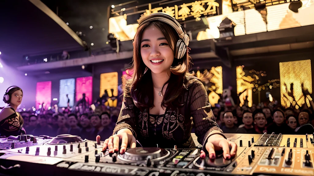(ultra - detailed, 16K resolution, Cinema lenses, rendering by octane), (high resolution:1.18), intricate detail, (masterpiece:1.1), (highest quality:1.1),1 chinese-Indonesian girl, modern plain hijab, shy, medium portrait, watery eyes, wearing  red kebaya,  well-proportioned body,, chubby massive thighs, hena art the face, Wearing DJ headphones,  Smile while DJing on stage,  The spotlight shines on the female DJ. DJ Controller with Neon, Super vibrant music lights, (cute round face:1.3), perfect fingers, five fingers, beautiful hands, perfect hands. master peace, cute smile.