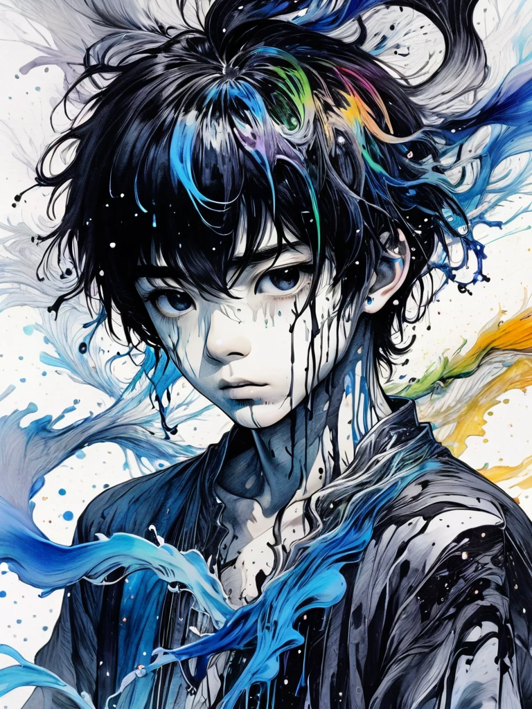 (masterpiece:1.2), ((Intricate details)), Cover art, chaos, Upper Body, One boy, Japanese Boy, Casual Hair, Black Hair, bangs, Forehead hair, high quality, (Ink Random 10 colors), ((Front view)), Dripping from the face, Clothes dripping, Ink dripping, (Additional weight 1:1.0), (Double exposure), Ink painting landscape、Body sideways, face forward