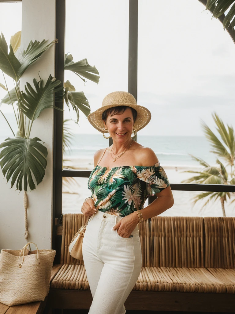 1girl, photorealistic, realistic, her name is Elise, middle age, a 45-year-old woman with gray hair, body of 45-year-old woman, wrinkles on her face and body, Alpine woman, ((dark brown hair, short hair))), smiling, (((she is her in a breezy, off-shoulder blouse in a vibrant tropical print, paired with high-waisted white linen shorts that emphasize her silhouette. On her feet, she wears woven espadrille sandals that complement the beachy setting. Accessories include a wide-brimmed straw hat, adding both glamour and practicality under the sun. Her look is completed with delicate gold jewelry, such as layered necklaces and hoop earrings, which catch the sunlight streaming through the coffee shop’s windows. A woven tote bag sits beside her))), (((dynamic pose))), ((( she is seductively standing inside a coffee shop near the beach exudes a relaxed yet chic vibe, perfectly blending comfort with style)))