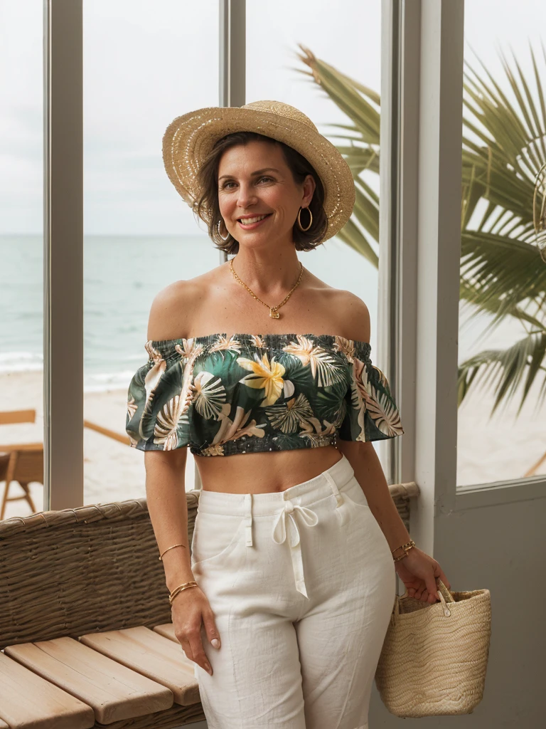 1girl, photorealistic, realistic, her name is Elise, middle age, a 45-year-old woman with gray hair, body of 45-year-old woman, wrinkles on her face and body, Alpine woman, ((dark brown hair, short hair))), smiling, (((she is her in a breezy, off-shoulder blouse in a vibrant tropical print, paired with high-waisted white linen shorts that emphasize her silhouette. On her feet, she wears woven espadrille sandals that complement the beachy setting. Accessories include a wide-brimmed straw hat, adding both glamour and practicality under the sun. Her look is completed with delicate gold jewelry, such as layered necklaces and hoop earrings, which catch the sunlight streaming through the coffee shop’s windows. A woven tote bag sits beside her))), (((dynamic pose))), ((( she is seductively standing inside a coffee shop near the beach exudes a relaxed yet chic vibe, perfectly blending comfort with style)))