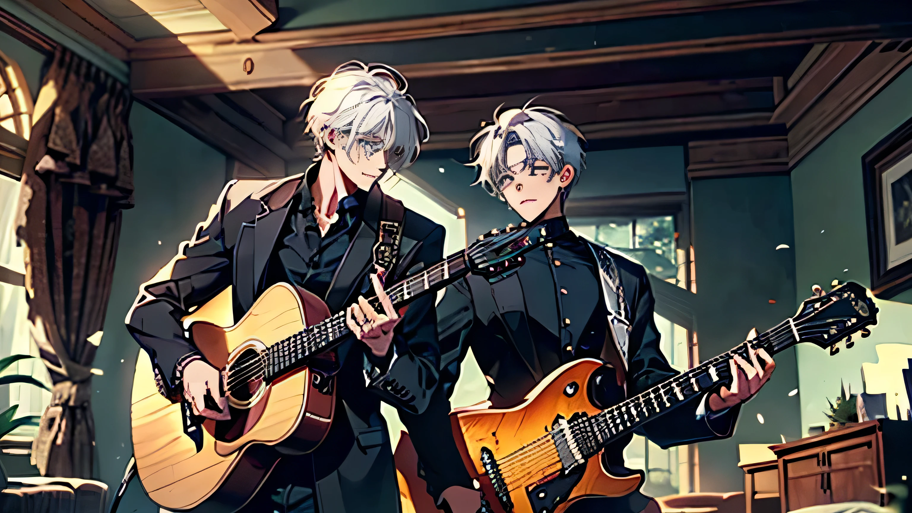 "best quality , High quality , The best details ,Portrait of two passionate guitar brothers, in the bedroom,A place where sunlight shines through , Create a play of light and shadow.. Guitarist holding a wooden guitar, inside the room, striking black shirt. Mesmerizing performance moments, Musicians immerse themselves in music.,beautiful sky,a young man,short black hairstyle, blue eyes, handsome,elder brother,Wear a wedding ring on the finger,มีmanอีกคน,younger brother,man(The second one.)white hair, blue eyes"