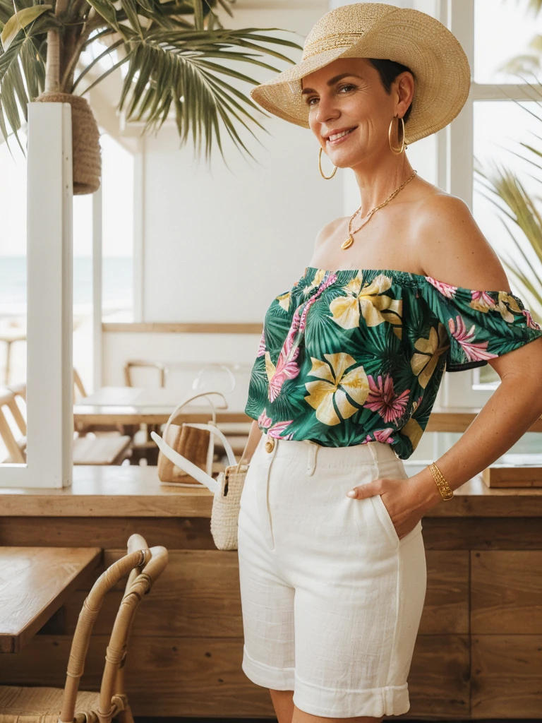 1girl, photorealistic, realistic, her name is Elise, middle age, a 45-year-old woman with gray hair, body of 45-year-old woman, wrinkles on her face and body, Alpine woman, ((dark brown hair, short hair))), smiling, (((she is her in a breezy, off-shoulder blouse in a vibrant tropical print, paired with high-waisted white linen shorts that emphasize her silhouette. On her feet, she wears woven espadrille sandals that complement the beachy setting. Accessories include a wide-brimmed straw hat, adding both glamour and practicality under the sun. Her look is completed with delicate gold jewelry, such as layered necklaces and hoop earrings, which catch the sunlight streaming through the coffee shop’s windows. A woven tote bag sits beside her))), (((dynamic pose))), ((( she is seductively standing inside a coffee shop near the beach exudes a relaxed yet chic vibe, perfectly blending comfort with style)))