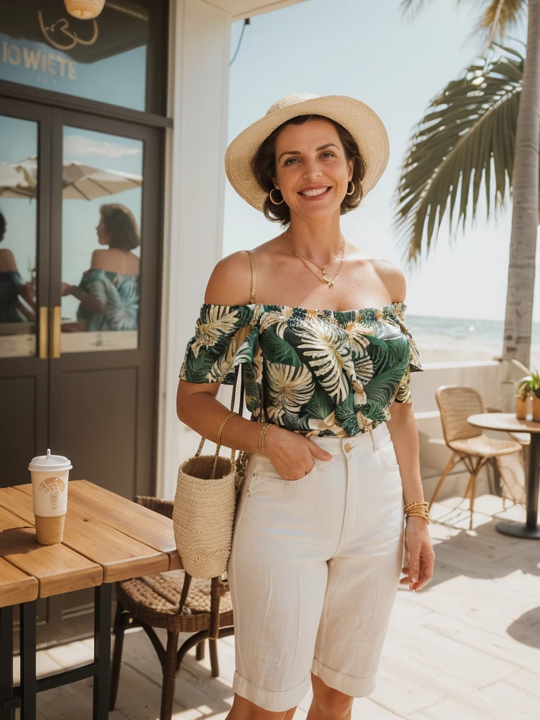1girl, photorealistic, realistic, her name is Elise, middle age, a 45-year-old woman with gray hair, body of 45-year-old woman, wrinkles on her face and body, Alpine woman, ((dark brown hair, short hair))), smiling, (((she is her in a breezy, off-shoulder blouse in a vibrant tropical print, paired with high-waisted white linen shorts that emphasize her silhouette. On her feet, she wears woven espadrille sandals that complement the beachy setting. Accessories include a wide-brimmed straw hat, adding both glamour and practicality under the sun. Her look is completed with delicate gold jewelry, such as layered necklaces and hoop earrings, which catch the sunlight streaming through the coffee shop’s windows. A woven tote bag sits beside her))), (((dynamic pose))), ((( she is seductively standing inside a coffee shop near the beach exudes a relaxed yet chic vibe, perfectly blending comfort with style)))