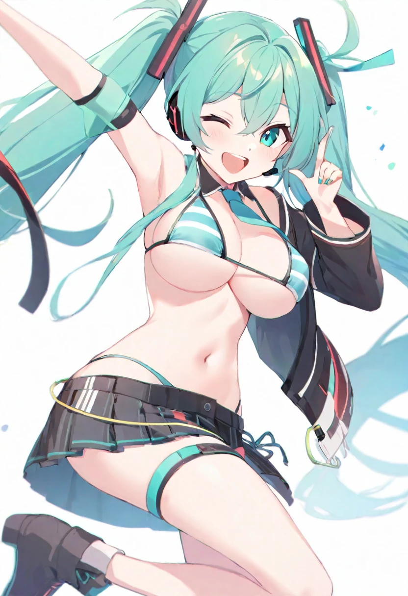  hatsune_miku absurdres commentary_request highres 1girl ;d alternate_breast_size aqua_eyes aqua_hair aqua_nails aqua_necktie armpits bikini black_footwear black_sleeves blush boots breasts crossed_bangs detached_sleeves fingernails floating_hair gradient_hair green_hair hair_between_eyes hair_ornament hand_up headset index_finger_raised large_breasts long_hair looking_at_viewer meme_attire micro_bikini microphone miku_collar_bikini multicolored_hair nail_polish navel necktie one_eye_closed open_mouth outstretched_arm simple_background smile solo standing standing_on_one_leg stomach string_bikini striped_bikini striped_clothes swimsuit teeth thigh_boots tie_clip tongue twintails underboob upper_teeth_only very_long_hair nipples