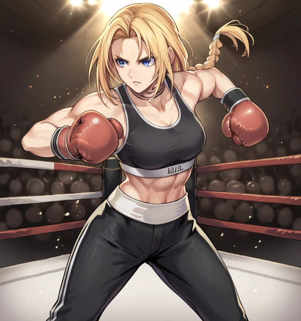 score_9, score_8_up, score_7_up, score_6_up, Detailed Background, BREAK
 koasmirage, 1girl, long hair, sports bra,long black pants,boxing stance, klausian neck markings, blonde hair, blue eyes, single braid, BREAK
Boxing ring, boxing gloves