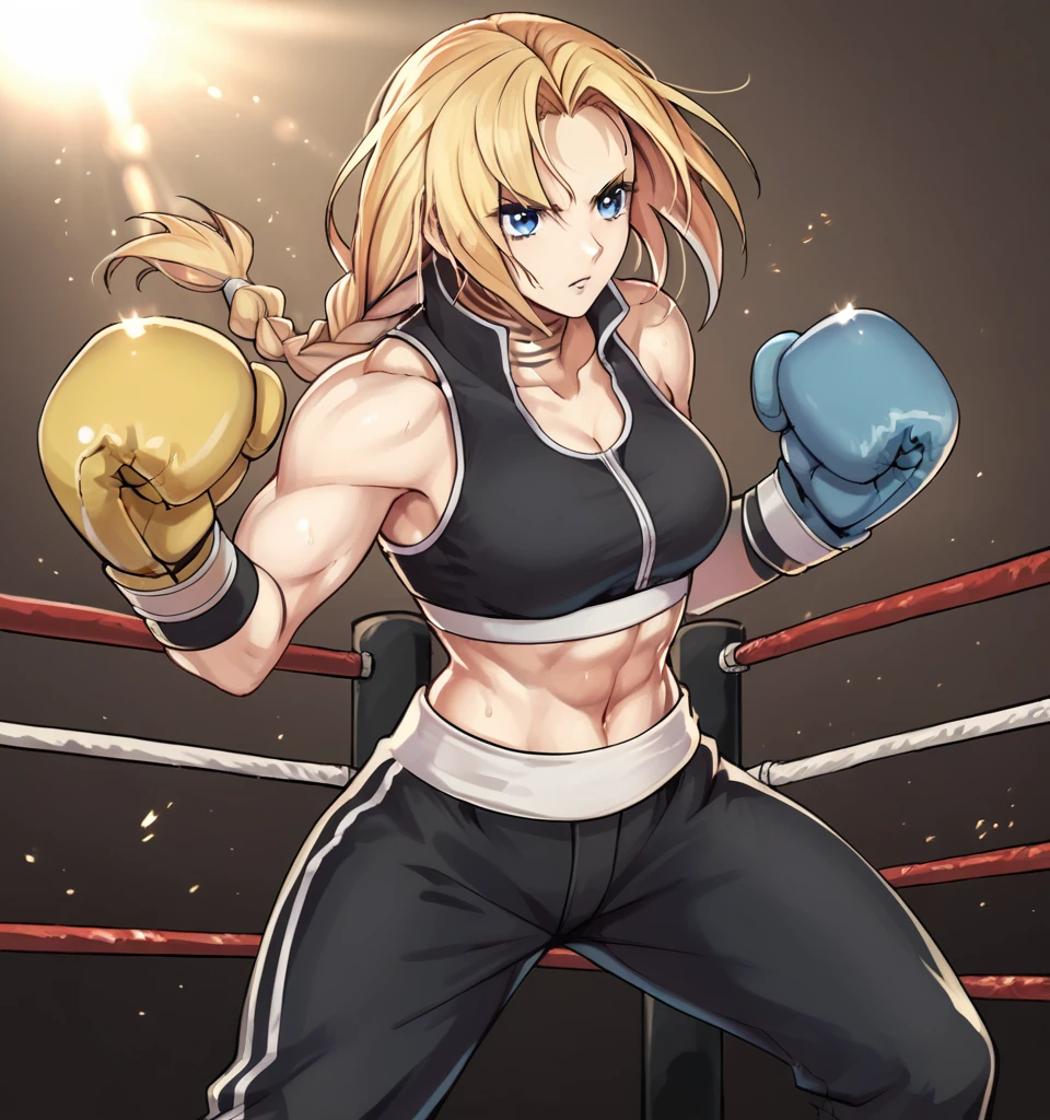 score_9, score_8_up, score_7_up, score_6_up, Detailed Background, BREAK
 koasmirage, 1girl, long hair, sports bra,long black pants,boxing stance, klausian neck markings, blonde hair, blue eyes, single braid, BREAK
Boxing ring, boxing gloves