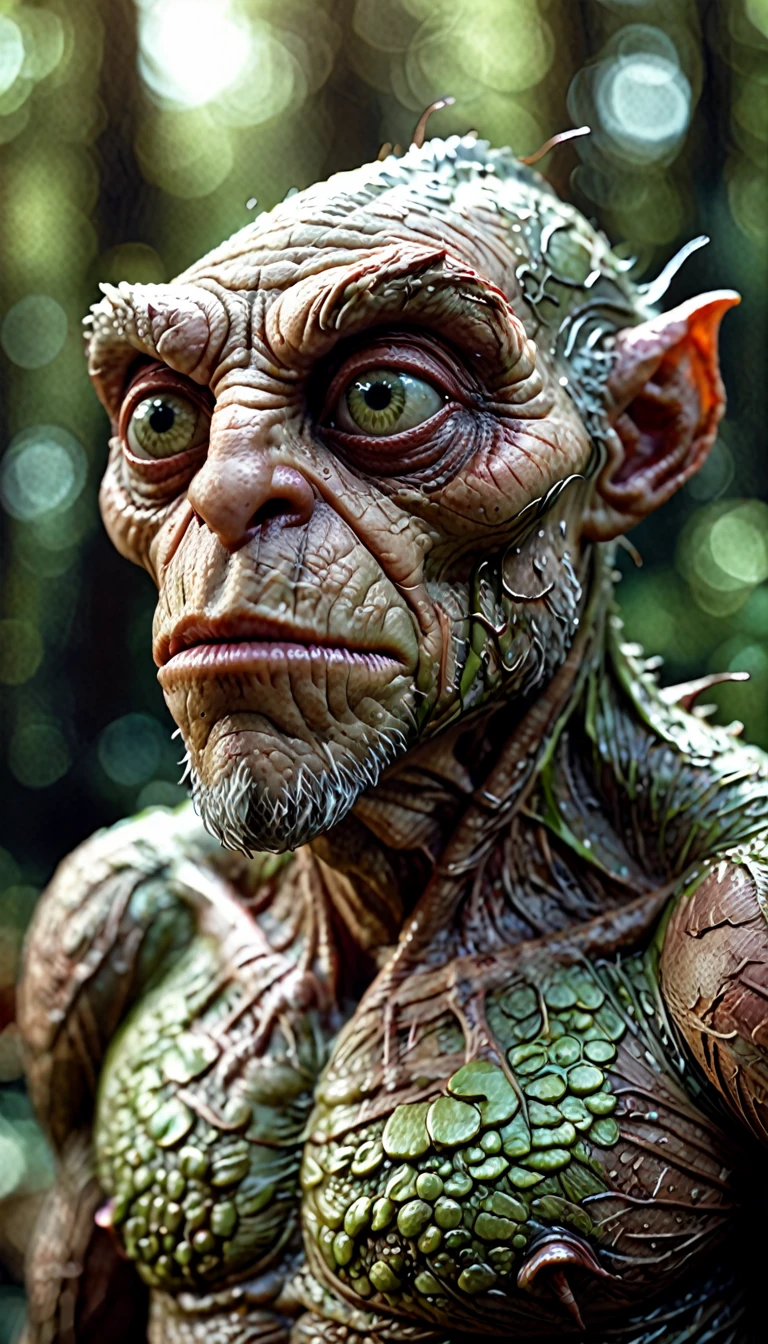 Hyperrealistic art cinematic film still photography in the style of detailed hyperrealism photoshoot,creature,fantasy,James Christensen,bold lines,hyper detailed,. shallow depth of field,vignette,highly detailed,high budget,bokeh,cinemascope,moody,epic,gorgeous,film grain,grainy,. Extremely high-resolution details,photographic,realism pushed to extreme,fine texture,incredibly lifelike