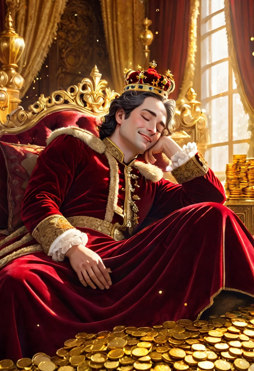 close-up, A king sleeping on a bed of gold, a crown, royal clothes of wine red velvet, a soft canopy, a gentle expression, a smile, surrounded by gold coins, full of money, stacked with gold coins, a gorgeous room like a palace, fine particles of light