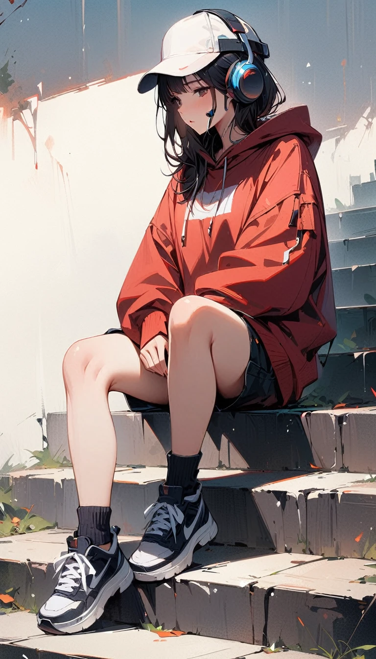 (masterpiece, best quality:1.2), 1 girl, alone, headset, baggy jumper, short, Sitting on the stairs, Ankle socks, full body, wallpapers,