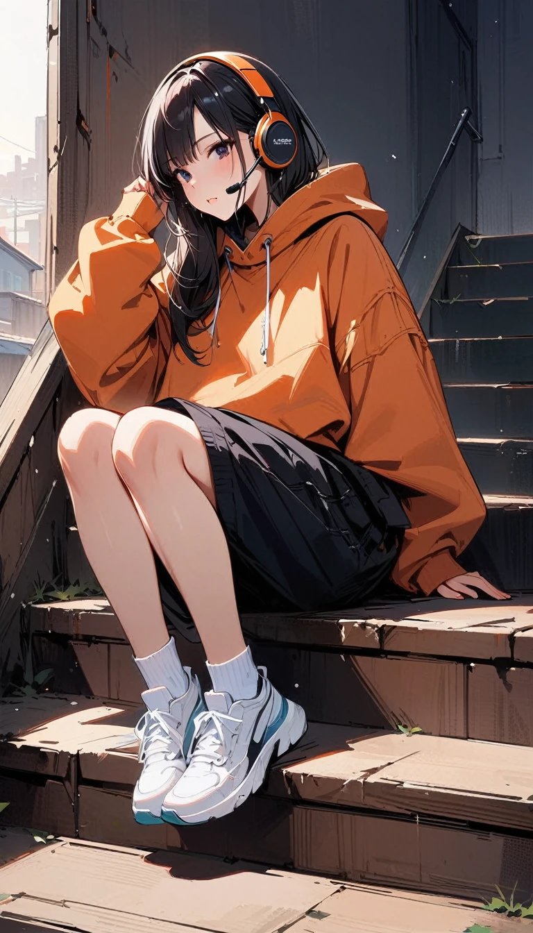 (masterpiece, best quality:1.2), 1 girl, alone, headset, baggy jumper, short, Sitting on the stairs, Ankle socks, full body, wallpapers,