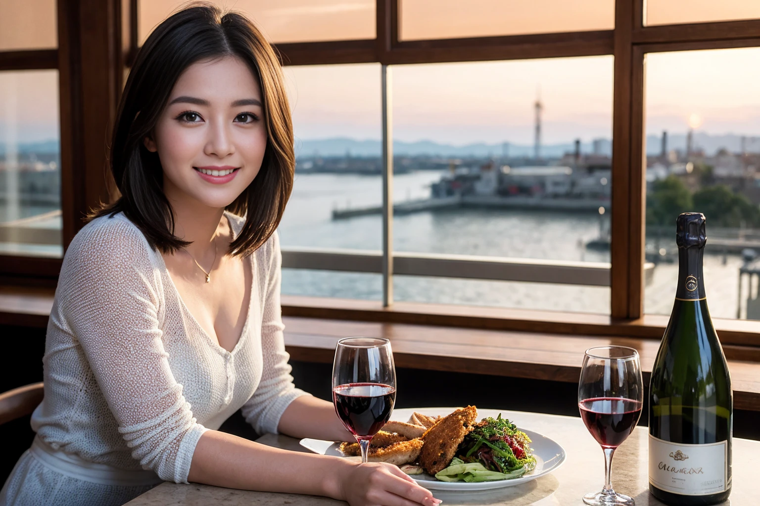 ((Highest quality、8K、masterpiece:1.3))、cute、slimカップル、modelカップル、(Realistic, Intricate details:1.2), full-course dinner、Wine Party、Amazing view of the sunset sky and clouds、A bright smile、The wonderfulness of smile、Bright image、The beauty of wine, Beautiful Face, blue eyes, The light shines on your face, Blushing, short hair,Bright Face、 (Age 37), age 34, red wine 、Appetizers、Italian food、Wine bottle、Champagne、sparkling wine、Two beauties、Brown Hair、Shortcuts、Long sleeve shirt、dress、Beautiful woman 1, (slimな顔), (The body is slim), (Brown Hair), (Shortcuts), cheeks turn a little red,Attractive beauty、restaurant, In a prominent place (From the waist up) Nova Frog Style, actress, model, Upper Body, White wine, slim, wine glass, 中央に置かれたwine glass, smile, (smile: 1.15), Beautiful fine grain, Depth f/2,saturation, High Contrast, Strong light and shadow,Moist Body:1.5、3D texture、Delicate eyes、Brown Hair、The hair is very shiny、
