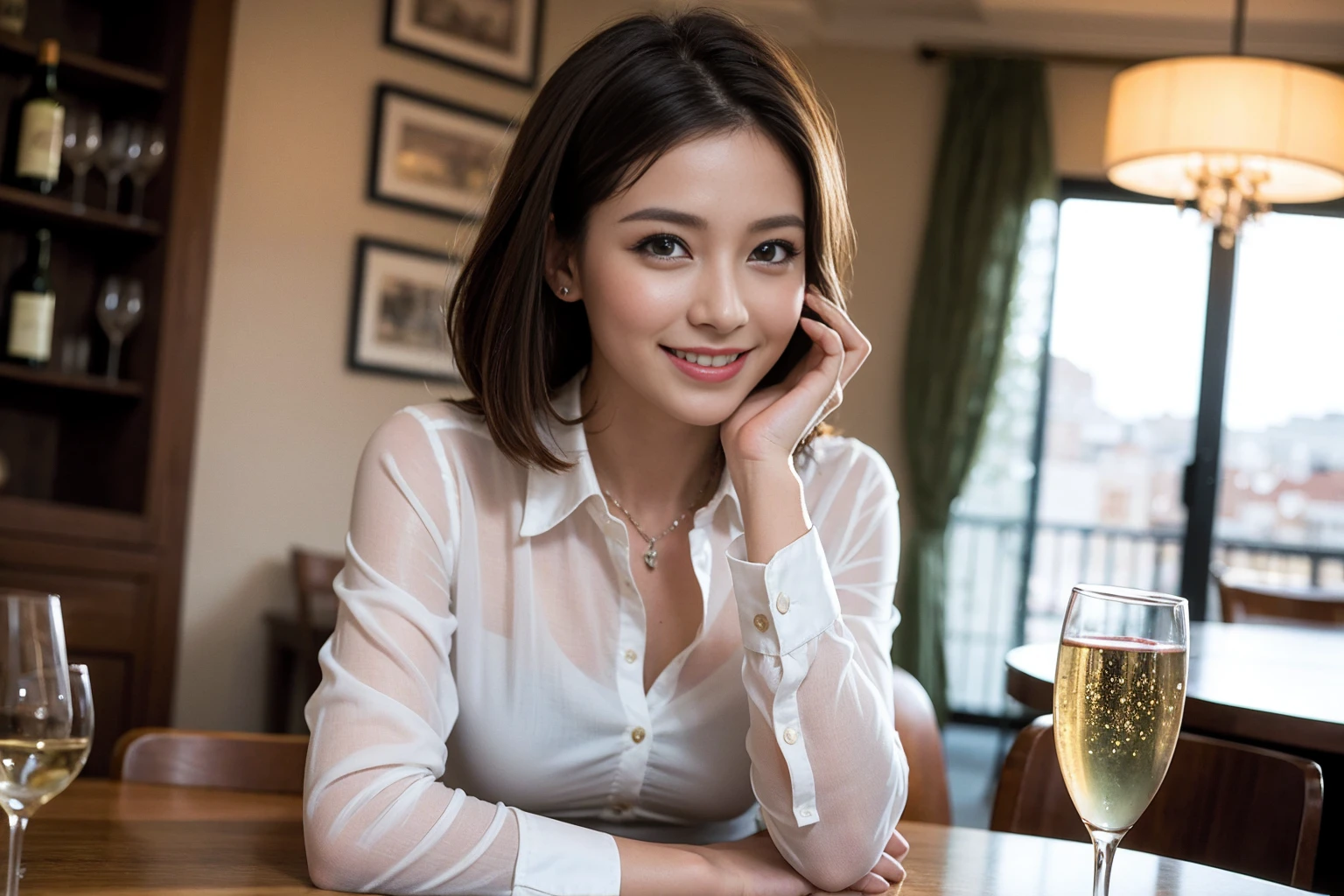 ((Highest quality、8K、masterpiece:1.3))、cute、slimカップル、modelカップル、(Realistic, Intricate details:1.2), full-course dinner、Wine Party、Amazing view of the sunset sky and clouds、A bright smile、The wonderfulness of smile、Bright image、The beauty of wine, Beautiful Face, blue eyes, The light shines on your face, Blushing, short hair,Bright Face、 (Age 37), age 34, red wine 、Appetizers、Italian food、Wine bottle、Champagne、sparkling wine、Two beauties、Brown Hair、Shortcuts、Long sleeve shirt、dress、Beautiful woman 1, (slimな顔), (The body is slim), (Brown Hair), (Shortcuts), cheeks turn a little red,Attractive beauty、restaurant, In a prominent place (From the waist up) Nova Frog Style, actress, model, Upper Body, White wine, slim, wine glass, 中央に置かれたwine glass, smile, (smile: 1.15), Beautiful fine grain, Depth f/2,saturation, High Contrast, Strong light and shadow,Moist Body:1.5、3D texture、Delicate eyes、Brown Hair、The hair is very shiny、