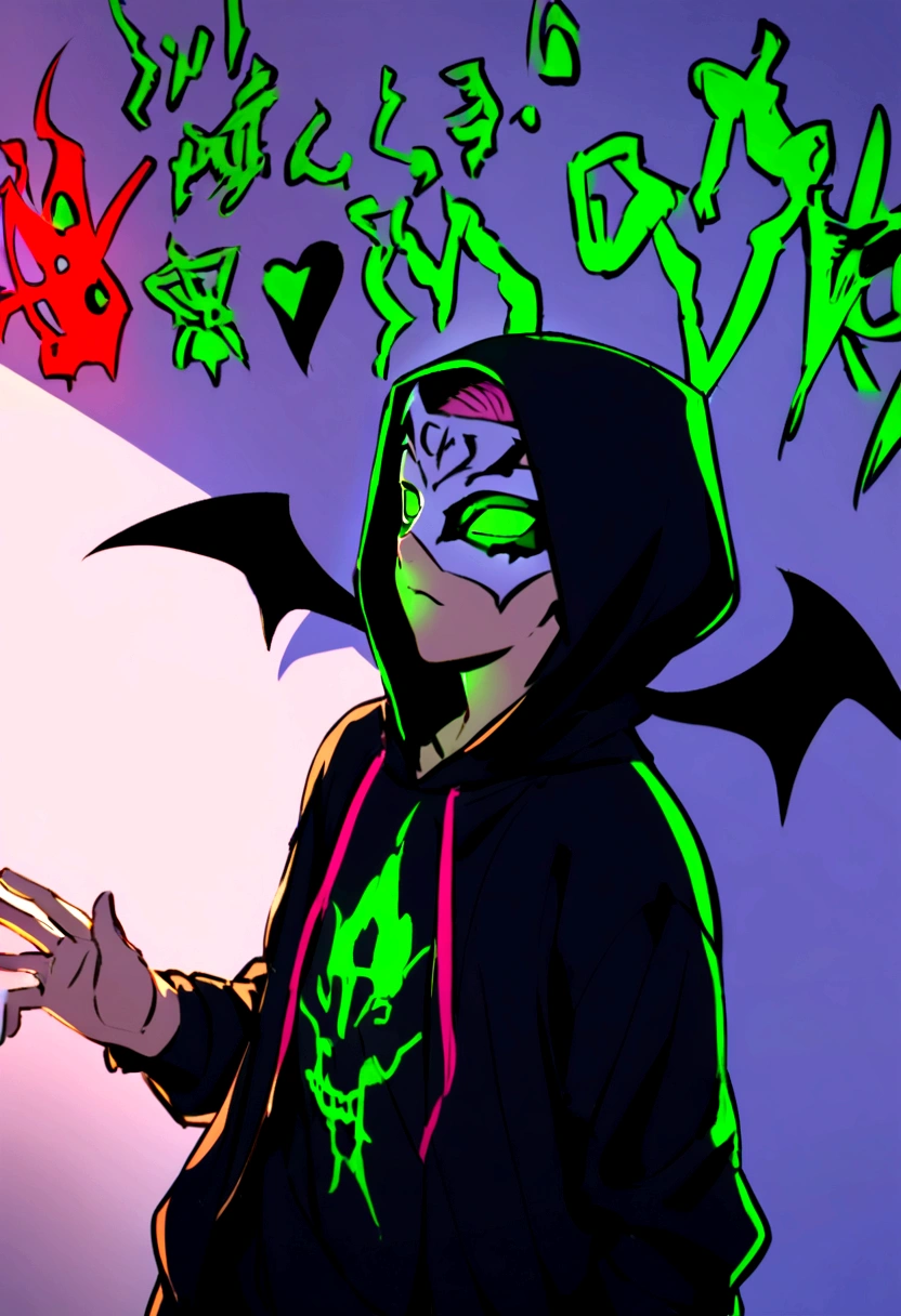 Create a boy with a hood and a mask and with demon wings and who is writing the word crazy on a wall