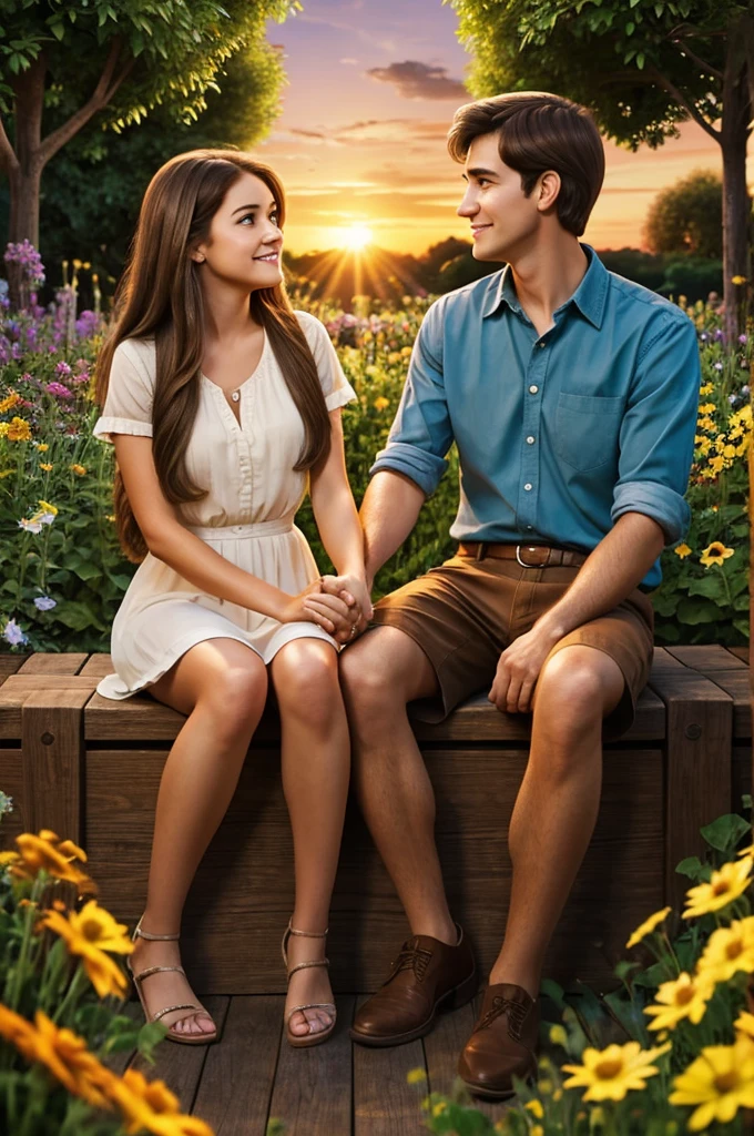 Pixar type poster a girl with brown eyes long light brown hair dressed with her partner a tall boy brown eyes sitting in a garden looking at the sunset together in love holding hands