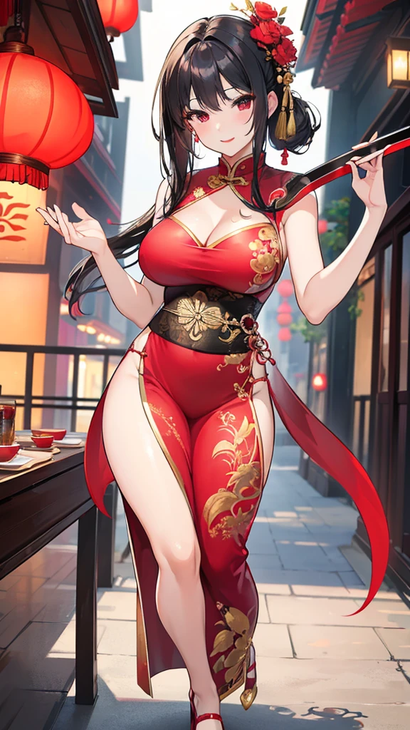 a beautiful woman，Standard red silk cheongsam，black hair，Large Breasts，Sexy，Slim body，Holding a Chinese long sword，long sword waving， (gold embroidery thread)， (Such)，cleavage， City，Outdoor Chinese restaurant，Smile，lipstick