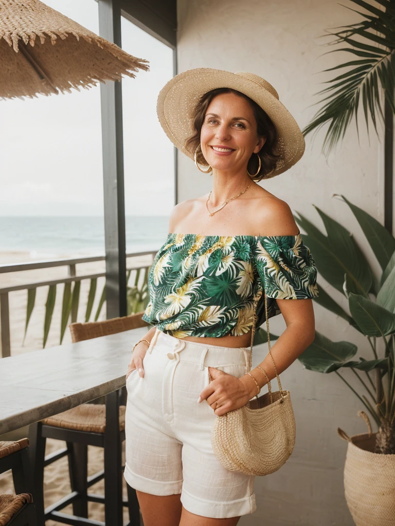 1girl, photorealistic, realistic, her name is Elise, middle age, a 45-year-old woman with gray hair, body of 45-year-old woman, wrinkles on her face and body, Alpine woman, ((dark brown hair, short hair))), smiling, (((she is her in a breezy, off-shoulder blouse in a vibrant tropical print, paired with high-waisted white linen shorts that emphasize her silhouette. On her feet, she wears woven espadrille sandals that complement the beachy setting. Accessories include a wide-brimmed straw hat, adding both glamour and practicality under the sun. Her look is completed with delicate gold jewelry, such as layered necklaces and hoop earrings, which catch the sunlight streaming through the coffee shop’s windows. A woven tote bag sits beside her))), (((dynamic pose))), ((( she is seductively standing inside a coffee shop near the beach exudes a relaxed yet chic vibe, perfectly blending comfort with style)))