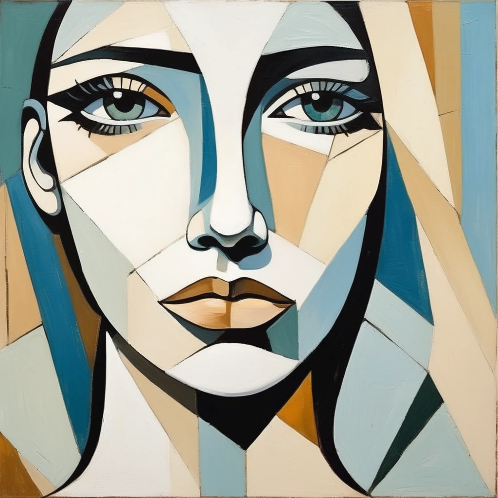 Picasso cubism art of a woman,subtle colors, whites of the eyes, minimalist, faint,  ,elxpowell,  
