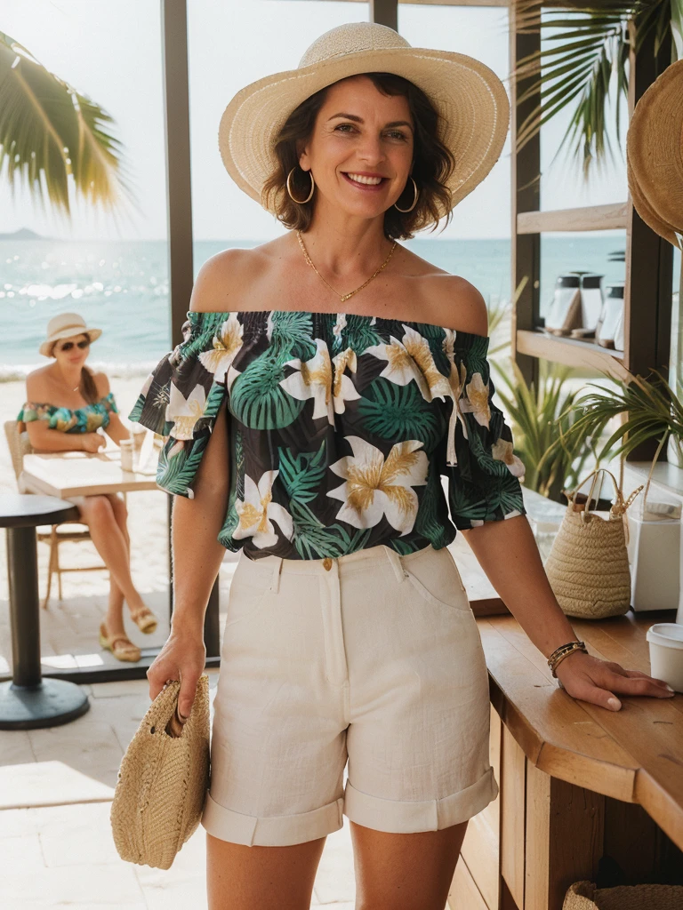 1girl, photorealistic, realistic, her name is Elise, middle age, a 45-year-old woman with gray hair, body of 45-year-old woman, wrinkles on her face and body, Alpine woman, ((dark brown hair, short hair))), smiling, (((she is her in a breezy, off-shoulder blouse in a vibrant tropical print, paired with high-waisted white linen shorts that emphasize her silhouette. On her feet, she wears woven espadrille sandals that complement the beachy setting. Accessories include a wide-brimmed straw hat, adding both glamour and practicality under the sun. Her look is completed with delicate gold jewelry, such as layered necklaces and hoop earrings, which catch the sunlight streaming through the coffee shop’s windows. A woven tote bag sits beside her))), (((dynamic pose))), ((( she is seductively standing inside a coffee shop near the beach exudes a relaxed yet chic vibe, perfectly blending comfort with style)))