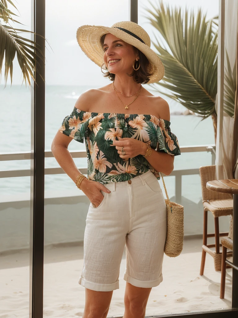 1girl, photorealistic, realistic, her name is Elise, middle age, a 45-year-old woman with gray hair, body of 45-year-old woman, wrinkles on her face and body, Alpine woman, ((dark brown hair, short hair))), smiling, (((she is her in a breezy, off-shoulder blouse in a vibrant tropical print, paired with high-waisted white linen shorts that emphasize her silhouette. On her feet, she wears woven espadrille sandals that complement the beachy setting. Accessories include a wide-brimmed straw hat, adding both glamour and practicality under the sun. Her look is completed with delicate gold jewelry, such as layered necklaces and hoop earrings, which catch the sunlight streaming through the coffee shop’s windows. A woven tote bag sits beside her))), (((dynamic pose))), ((( she is seductively standing inside a coffee shop near the beach exudes a relaxed yet chic vibe, perfectly blending comfort with style)))