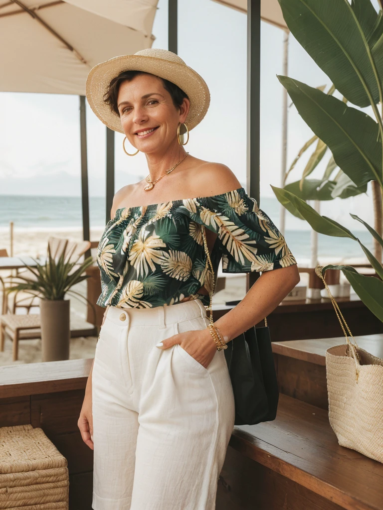 1girl, photorealistic, realistic, her name is Elise, middle age, a 45-year-old woman with gray hair, body of 45-year-old woman, wrinkles on her face and body, Alpine woman, ((dark brown hair, short hair))), smiling, (((she is her in a breezy, off-shoulder blouse in a vibrant tropical print, paired with high-waisted white linen shorts that emphasize her silhouette. On her feet, she wears woven espadrille sandals that complement the beachy setting. Accessories include a wide-brimmed straw hat, adding both glamour and practicality under the sun. Her look is completed with delicate gold jewelry, such as layered necklaces and hoop earrings, which catch the sunlight streaming through the coffee shop’s windows. A woven tote bag sits beside her))), (((dynamic pose))), ((( she is seductively standing inside a coffee shop near the beach exudes a relaxed yet chic vibe, perfectly blending comfort with style)))