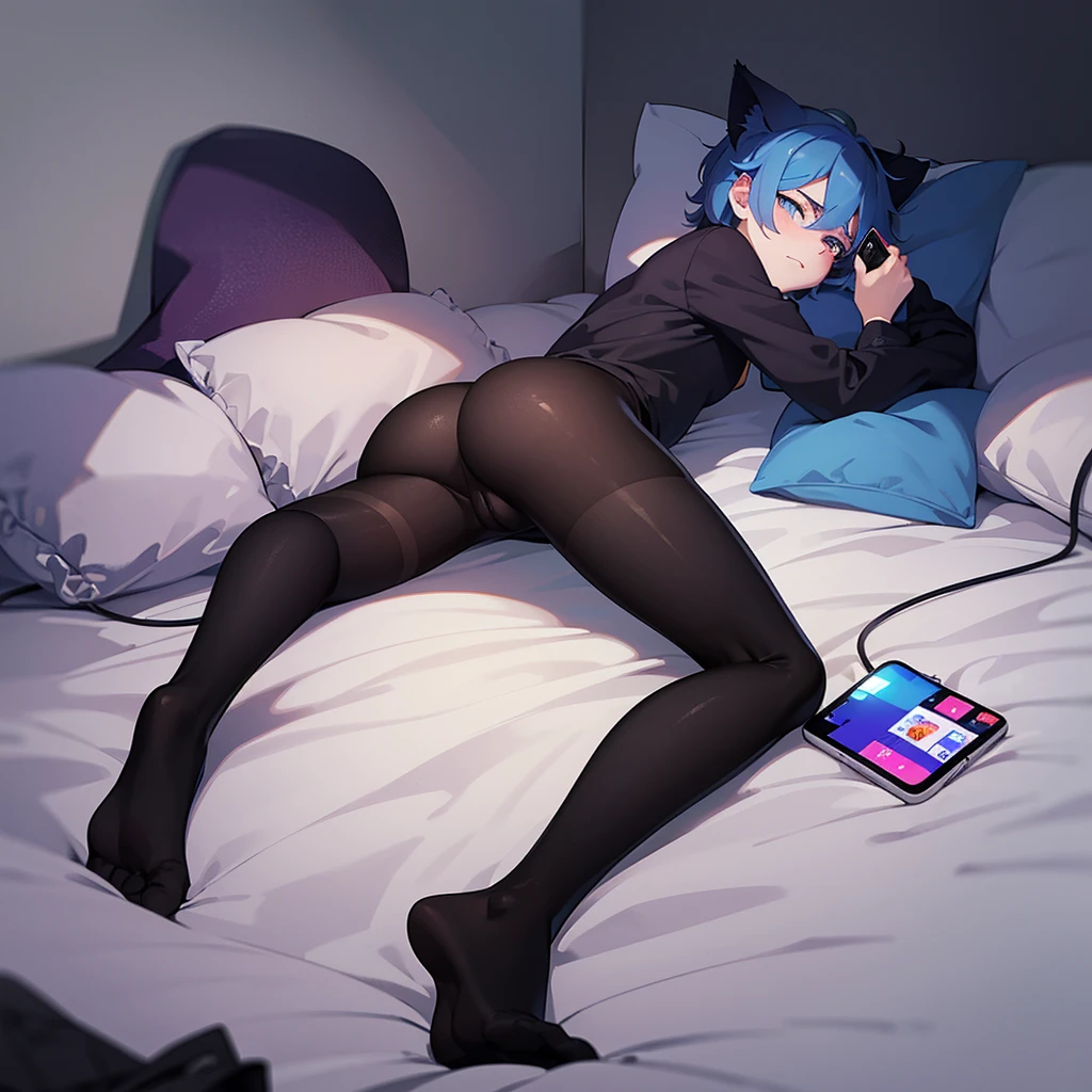 a shy cat boy with shame looking forward lying on a bed in a dark room lit only by his cell phone screen and with a gay flag on the wall