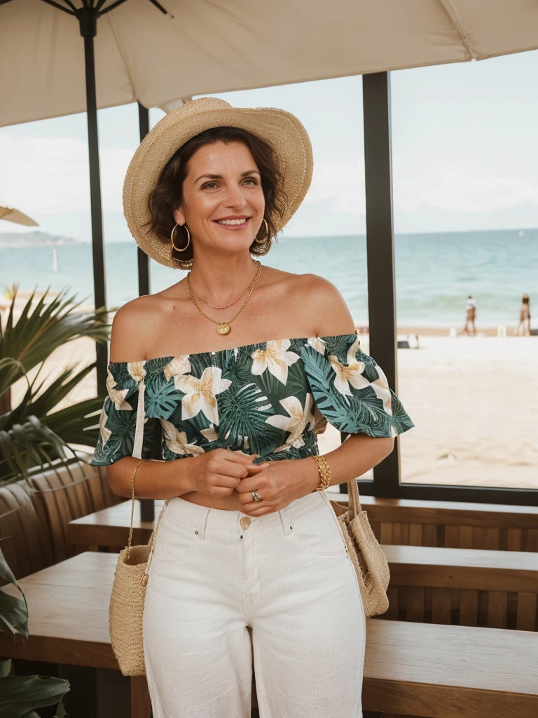 1girl, photorealistic, realistic, her name is Elise, middle age, a 45-year-old woman with gray hair, body of 45-year-old woman, wrinkles on her face and body, Alpine woman, ((dark brown hair, short hair))), smiling, (((she is her in a breezy, off-shoulder blouse in a vibrant tropical print, paired with high-waisted white linen shorts that emphasize her silhouette. On her feet, she wears woven espadrille sandals that complement the beachy setting. Accessories include a wide-brimmed straw hat, adding both glamour and practicality under the sun. Her look is completed with delicate gold jewelry, such as layered necklaces and hoop earrings, which catch the sunlight streaming through the coffee shop’s windows. A woven tote bag sits beside her))), (((dynamic pose))), ((( she is seductively standing inside a coffee shop near the beach exudes a relaxed yet chic vibe, perfectly blending comfort with style)))