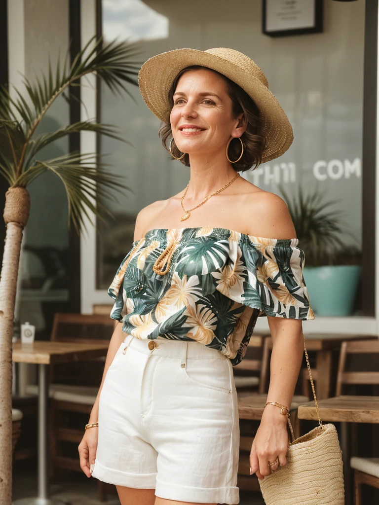 1girl, photorealistic, realistic, her name is Elise, middle age, a 45-year-old woman with gray hair, body of 45-year-old woman, wrinkles on her face and body, Alpine woman, ((dark brown hair, short hair))), smiling, (((she is her in a breezy, off-shoulder blouse in a vibrant tropical print, paired with high-waisted white linen shorts that emphasize her silhouette. On her feet, she wears woven espadrille sandals that complement the beachy setting. Accessories include a wide-brimmed straw hat, adding both glamour and practicality under the sun. Her look is completed with delicate gold jewelry, such as layered necklaces and hoop earrings, which catch the sunlight streaming through the coffee shop’s windows. A woven tote bag sits beside her))), (((dynamic pose))), ((( she is seductively standing inside a coffee shop near the beach exudes a relaxed yet chic vibe, perfectly blending comfort with style)))