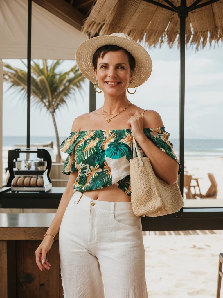 1girl, photorealistic, realistic, her name is Elise, middle age, a 45-year-old woman with gray hair, body of 45-year-old woman, wrinkles on her face and body, Alpine woman, ((dark brown hair, short hair))), smiling, (((she is her in a breezy, off-shoulder blouse in a vibrant tropical print, paired with high-waisted white linen shorts that emphasize her silhouette. On her feet, she wears woven espadrille sandals that complement the beachy setting. Accessories include a wide-brimmed straw hat, adding both glamour and practicality under the sun. Her look is completed with delicate gold jewelry, such as layered necklaces and hoop earrings, which catch the sunlight streaming through the coffee shop’s windows. A woven tote bag sits beside her))), (((dynamic pose))), ((( she is seductively standing inside a coffee shop near the beach exudes a relaxed yet chic vibe, perfectly blending comfort with style)))