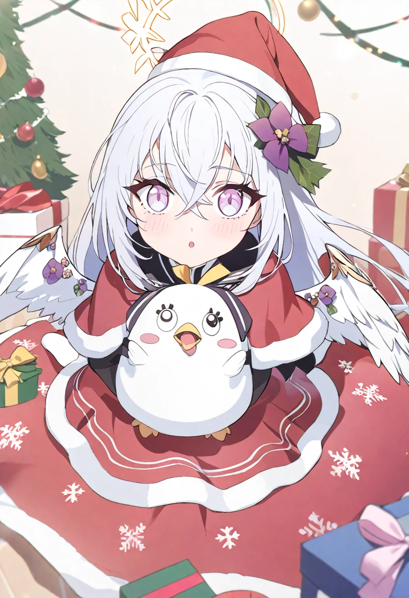 azusa \(blue archive\), peroro_(blue_archive) absurdres commentary highres 1girl alternate_costume angel_wings blush box capelet christmas christmas_tree dress gift gift_box grey_hair hair_between_eyes hat long_hair looking_at_viewer open_mouth pink_eyes pom_pom_(clothes) red_capelet red_dress red_hat santa_hat solo stuffed_toy white_wings wings