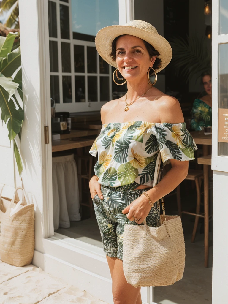 1girl, photorealistic, realistic, her name is Elise, middle age, a 45-year-old woman with gray hair, body of 45-year-old woman, wrinkles on her face and body, Alpine woman, ((dark brown hair, short hair))), smiling, (((she is her in a breezy, off-shoulder blouse in a vibrant tropical print, paired with high-waisted white linen shorts that emphasize her silhouette. On her feet, she wears woven espadrille sandals that complement the beachy setting. Accessories include a wide-brimmed straw hat, adding both glamour and practicality under the sun. Her look is completed with delicate gold jewelry, such as layered necklaces and hoop earrings, which catch the sunlight streaming through the coffee shop’s windows. A woven tote bag sits beside her))), (((dynamic pose))), ((( she is seductively standing inside a coffee shop near the beach exudes a relaxed yet chic vibe, perfectly blending comfort with style)))